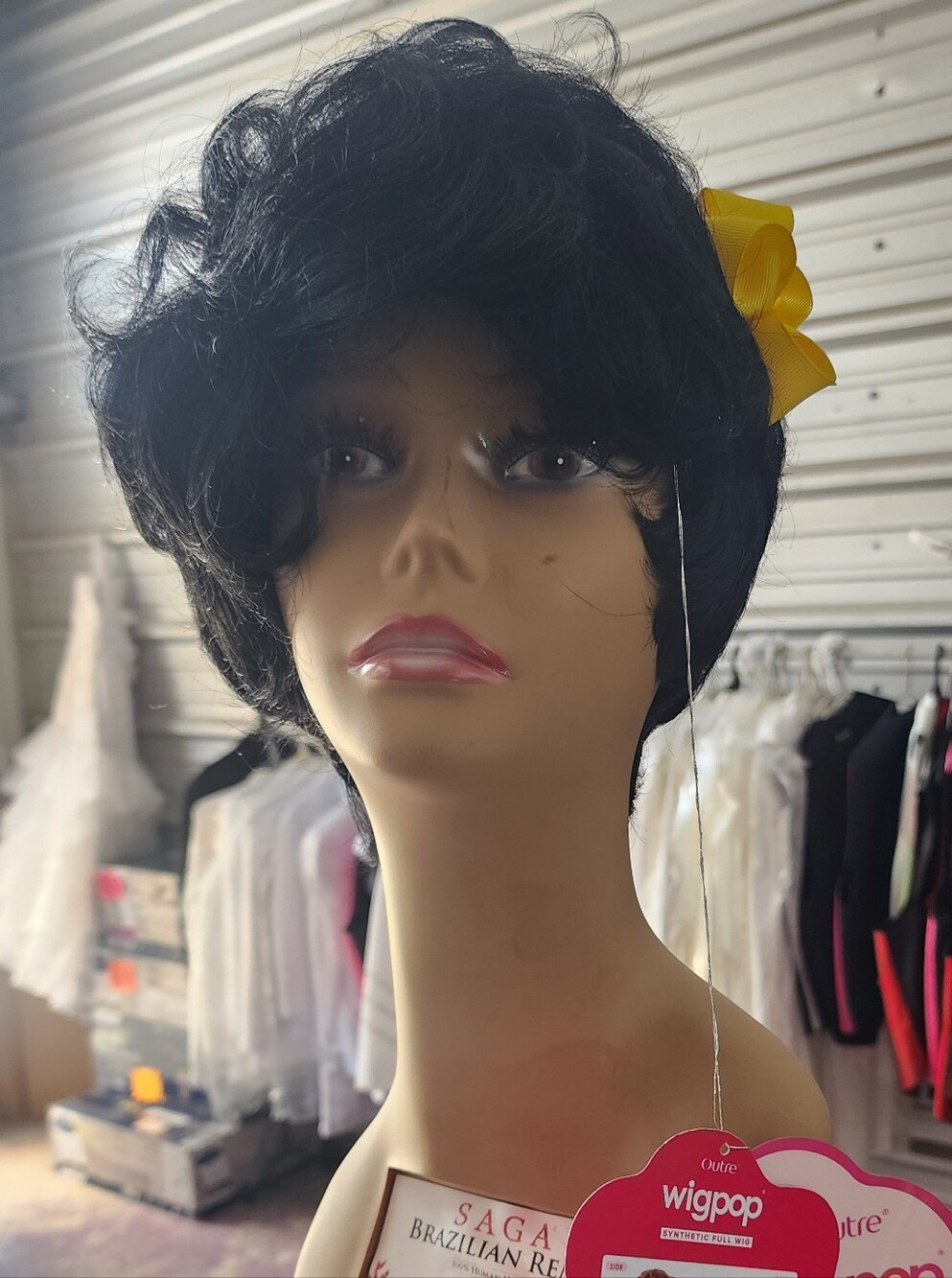 Outre Wigpop Short Black Synthetic Wig with Yellow Bow